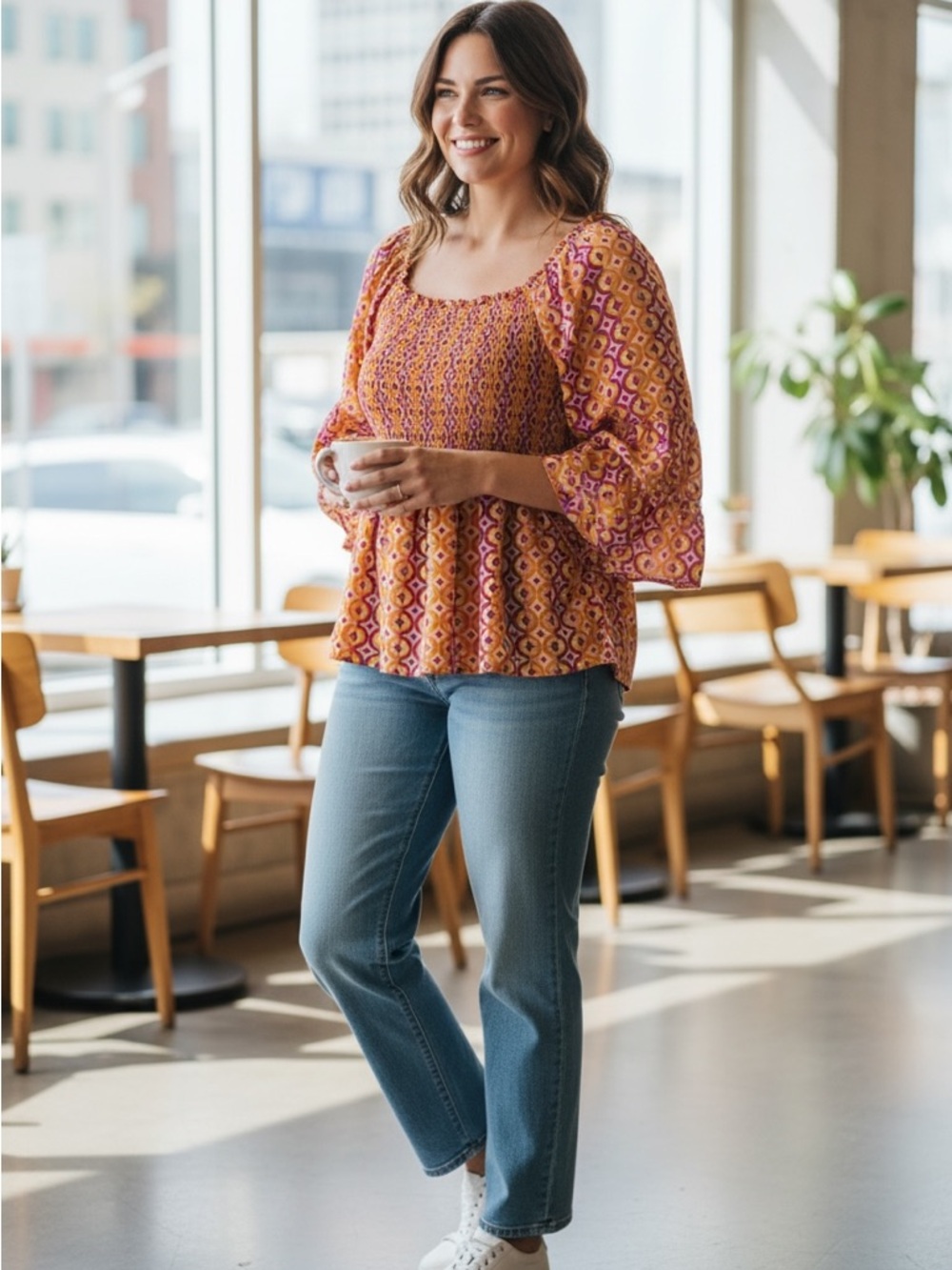 Terra & Sky Floral Geometric Peasant Top in Pink, Yellow & Peach